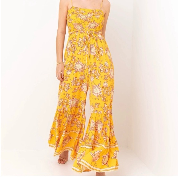 Free People Pants - Free People Women Jumpsuit Size Large Yellow floral Wide Leg Little of Your Love